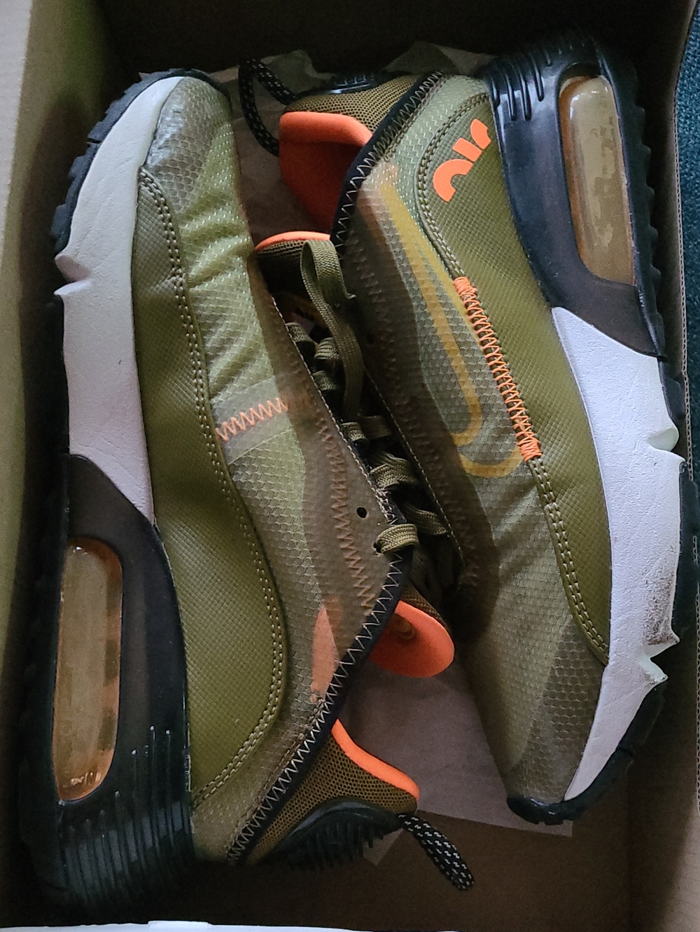Nike Olive Green and Orange Air Max Sneakers